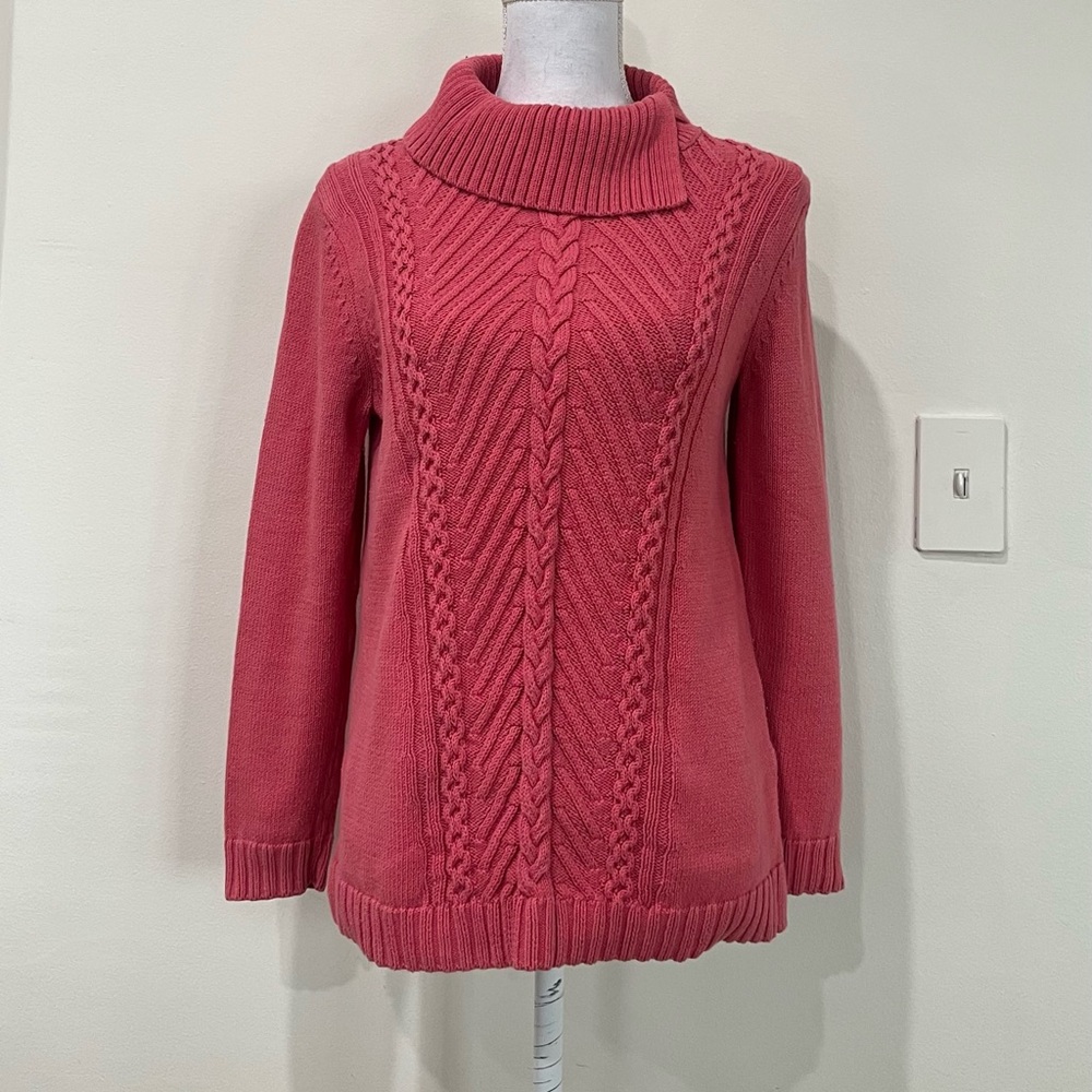 Talbots Petite Coral Pink Cable Knit Split Cowlneck Cotton Sweater Sz Mp
